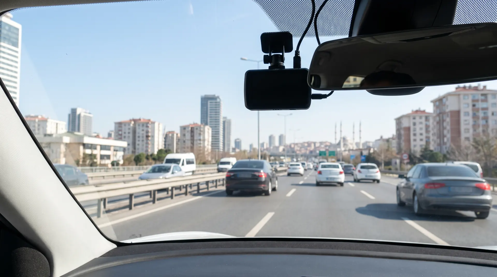 İstanbul'da gündüz şehir içi otoyolda sürüş; ön cama, dikiz aynasının yanına monte edilmiş markasız araç kamerası